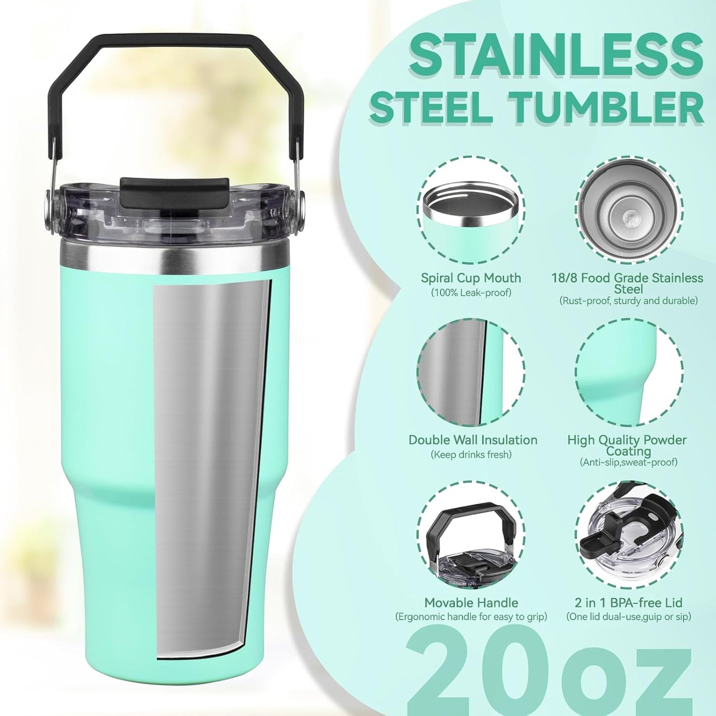 20oz Tumbler with Handle and Flip Straw Lid Double Wall Insulated Travel Coffee Mug Stainless Steel Vacuum Insulated Coffee Tumbler Cup for Hot and Cold Beverages,Leak-proof&BPA-free (20oz,Black)