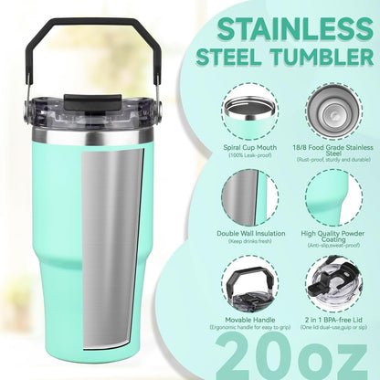 20oz Tumbler with Handle and Flip Straw Lid Double Wall Insulated Travel Coffee Mug Stainless Steel Vacuum Insulated Coffee Tumbler Cup for Hot and Cold Beverages,Leak-proof&BPA-free (20oz,Black)