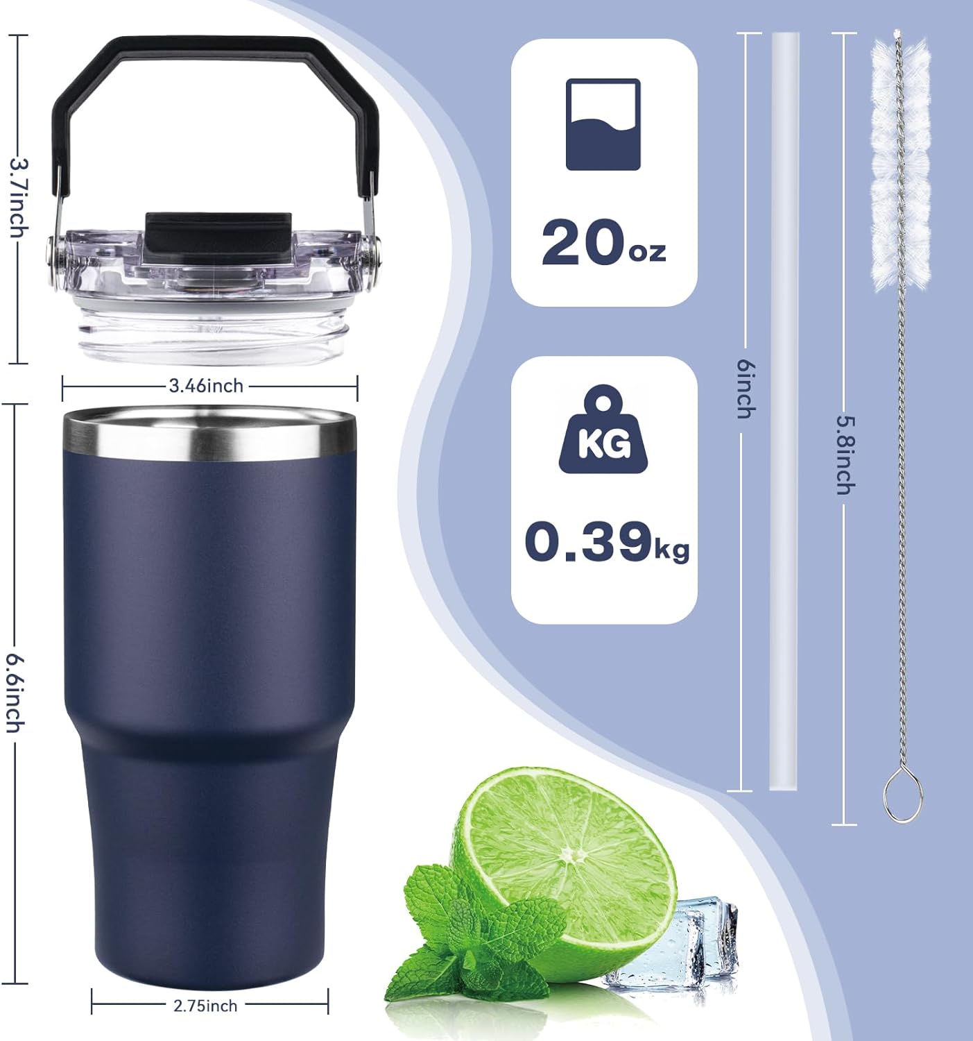 20oz Tumbler with Handle and Flip Straw Lid Double Wall Insulated Travel Coffee Mug Stainless Steel Vacuum Insulated Coffee Tumbler Cup for Hot and Cold Beverages,Leak-proof&BPA-free (20oz,Black)
