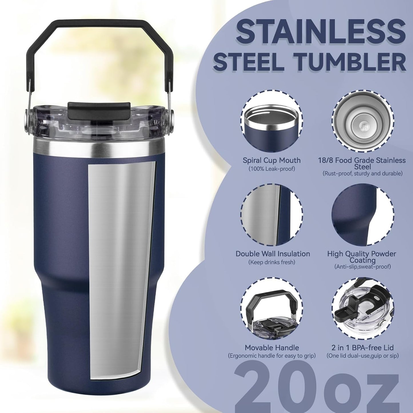 20oz Tumbler with Handle and Flip Straw Lid Double Wall Insulated Travel Coffee Mug Stainless Steel Vacuum Insulated Coffee Tumbler Cup for Hot and Cold Beverages,Leak-proof&BPA-free (20oz,Black)