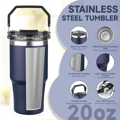 20oz Tumbler with Handle and Flip Straw Lid Double Wall Insulated Travel Coffee Mug Stainless Steel Vacuum Insulated Coffee Tumbler Cup for Hot and Cold Beverages,Leak-proof&BPA-free (20oz,Black)