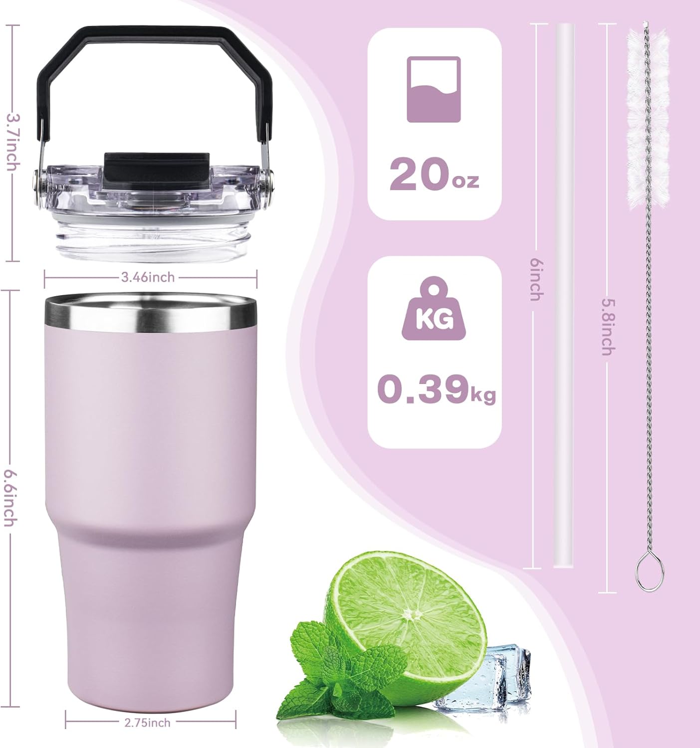 20oz Tumbler with Handle and Flip Straw Lid Double Wall Insulated Travel Coffee Mug Stainless Steel Vacuum Insulated Coffee Tumbler Cup for Hot and Cold Beverages,Leak-proof&BPA-free (20oz,Black)