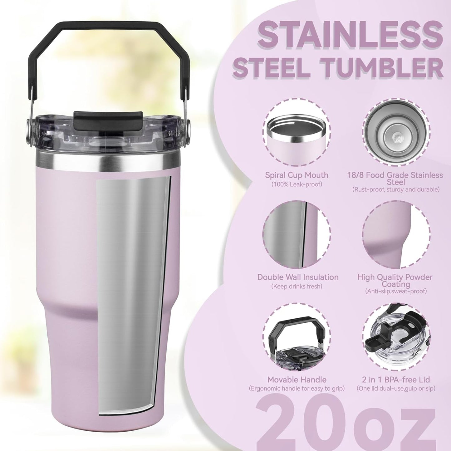 20oz Tumbler with Handle and Flip Straw Lid Double Wall Insulated Travel Coffee Mug Stainless Steel Vacuum Insulated Coffee Tumbler Cup for Hot and Cold Beverages,Leak-proof&BPA-free (20oz,Black)