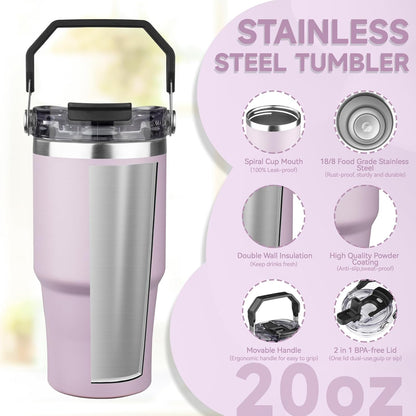 20oz Tumbler with Handle and Flip Straw Lid Double Wall Insulated Travel Coffee Mug Stainless Steel Vacuum Insulated Coffee Tumbler Cup for Hot and Cold Beverages,Leak-proof&BPA-free (20oz,Black)
