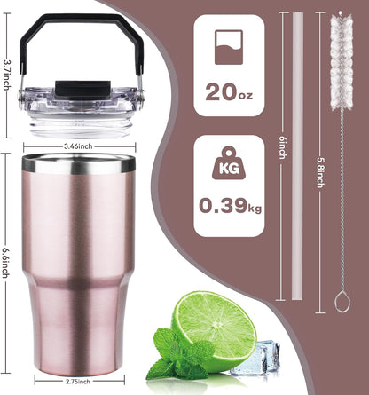 20oz Tumbler with Handle and Flip Straw Lid Double Wall Insulated Travel Coffee Mug Stainless Steel Vacuum Insulated Coffee Tumbler Cup for Hot and Cold Beverages,Leak-proof&BPA-free (20oz,Black)
