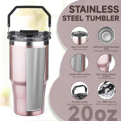 20oz Tumbler with Handle and Flip Straw Lid Double Wall Insulated Travel Coffee Mug Stainless Steel Vacuum Insulated Coffee Tumbler Cup for Hot and Cold Beverages,Leak-proof&BPA-free (20oz,Black)