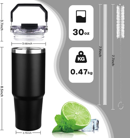 20oz Tumbler with Handle and Flip Straw Lid Double Wall Insulated Travel Coffee Mug Stainless Steel Vacuum Insulated Coffee Tumbler Cup for Hot and Cold Beverages,Leak-proof&BPA-free (20oz,Black)