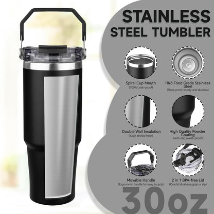 20oz Tumbler with Handle and Flip Straw Lid Double Wall Insulated Travel Coffee Mug Stainless Steel Vacuum Insulated Coffee Tumbler Cup for Hot and Cold Beverages,Leak-proof&BPA-free (20oz,Black)