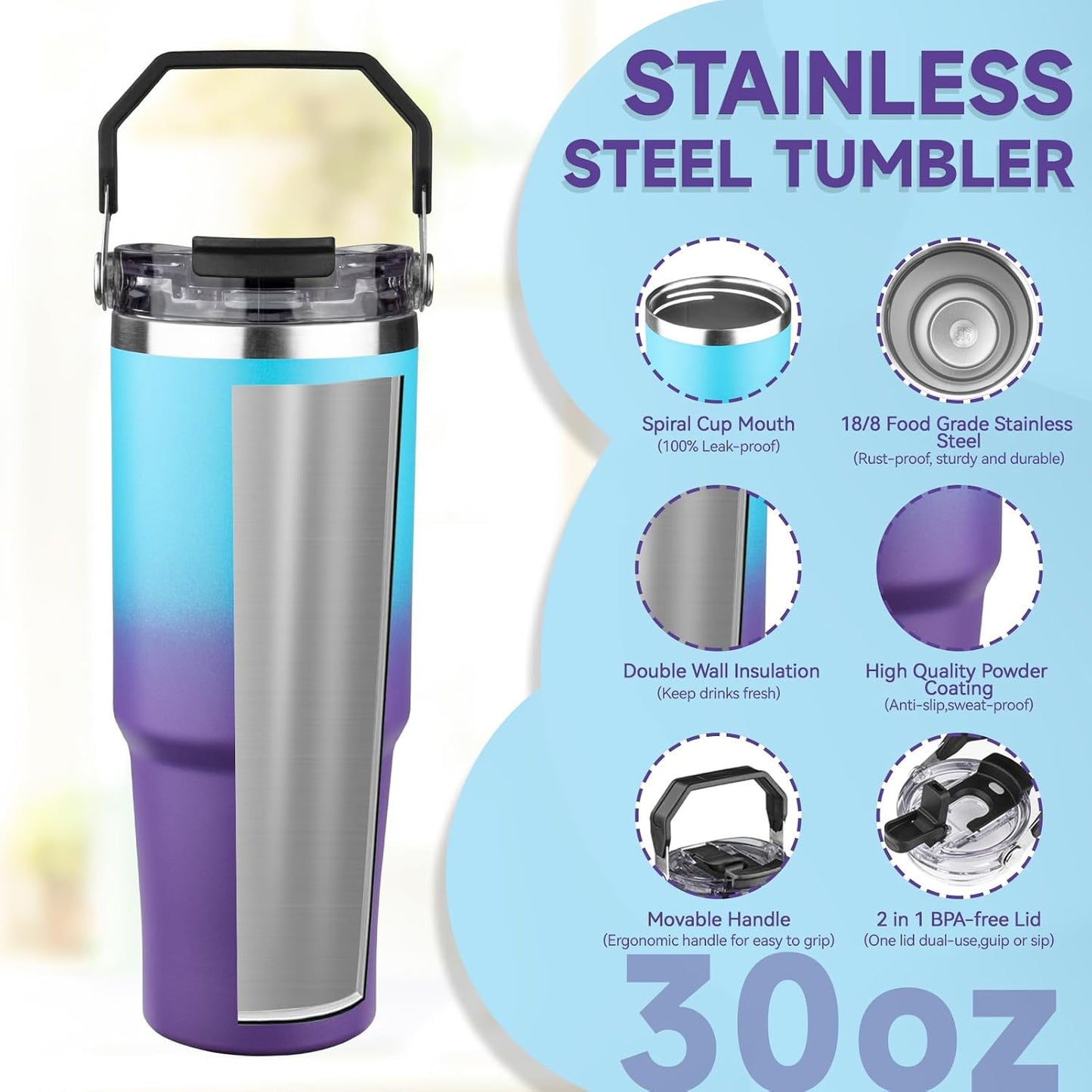 20oz Tumbler with Handle and Flip Straw Lid Double Wall Insulated Travel Coffee Mug Stainless Steel Vacuum Insulated Coffee Tumbler Cup for Hot and Cold Beverages,Leak-proof&BPA-free (20oz,Black)