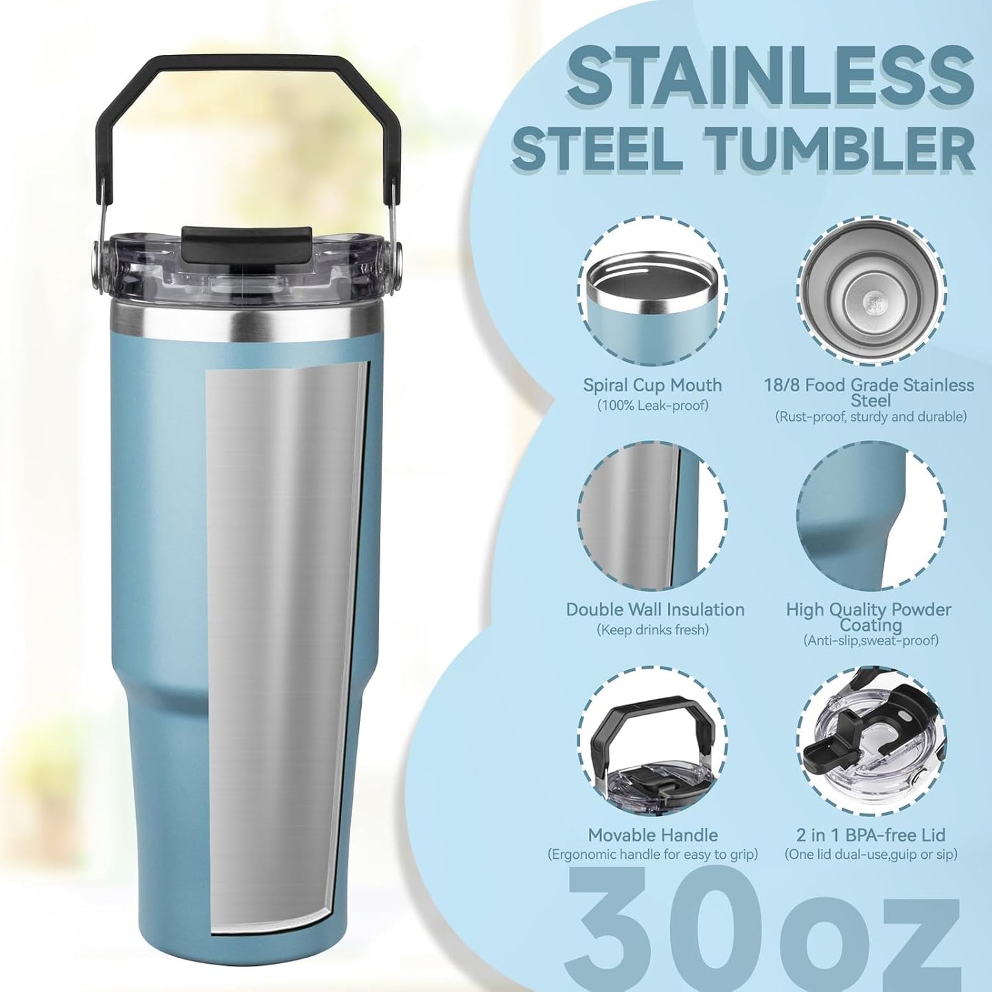 20oz Tumbler with Handle and Flip Straw Lid Double Wall Insulated Travel Coffee Mug Stainless Steel Vacuum Insulated Coffee Tumbler Cup for Hot and Cold Beverages,Leak-proof&BPA-free (20oz,Black)
