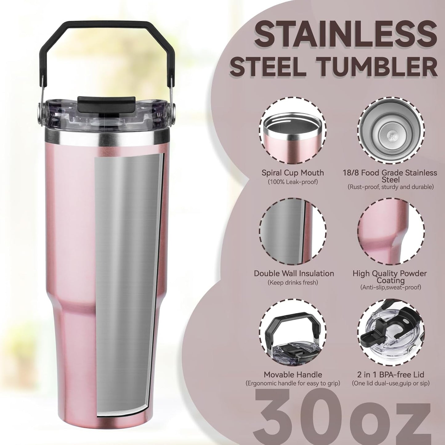 20oz Tumbler with Handle and Flip Straw Lid Double Wall Insulated Travel Coffee Mug Stainless Steel Vacuum Insulated Coffee Tumbler Cup for Hot and Cold Beverages,Leak-proof&BPA-free (20oz,Black)