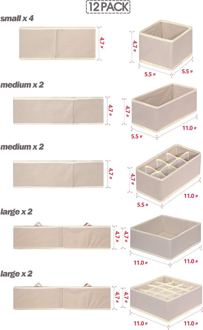 12 Pack Foldable Drawer Organizer Dividers Cloth Storage Box Closet Dresser Organizer Cube Fabric Containers Basket Bins for Underwear Bras Socks Panties Lingeries Nursery Baby Clothes Beige