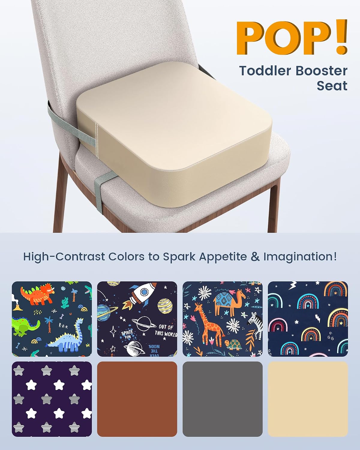 Toddler Booster Seat with Backrest, 3.6-Inch Cushion & Straps