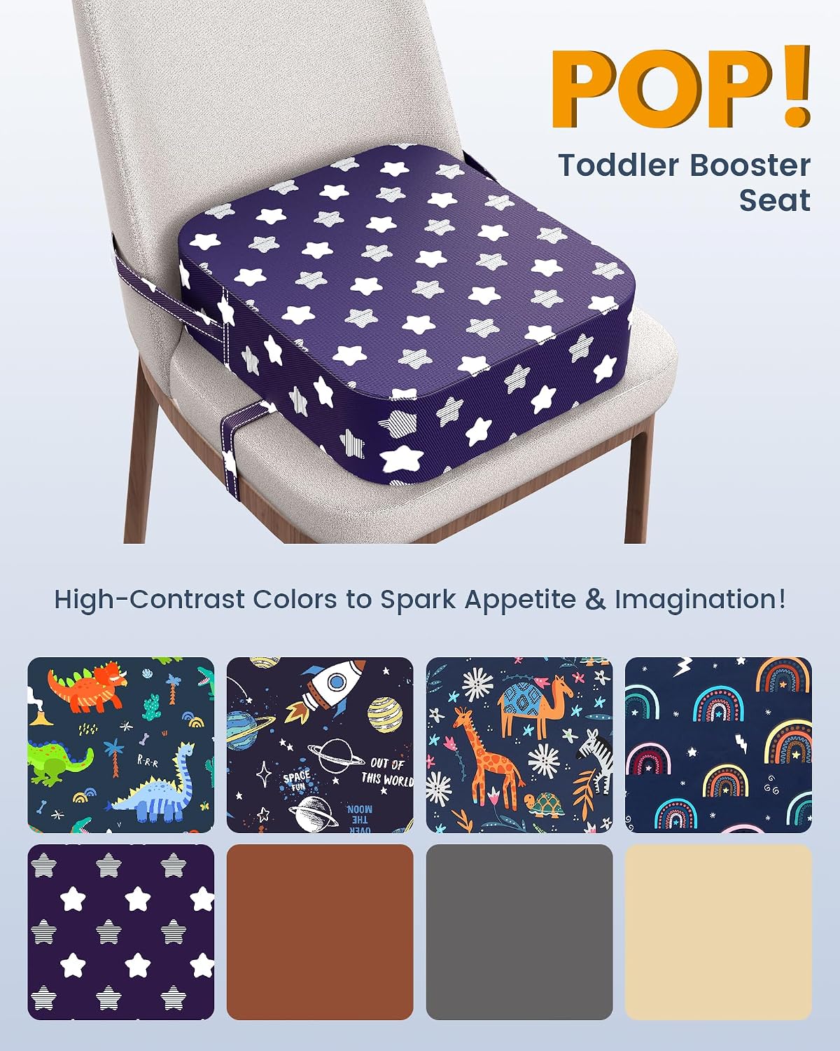 Toddler Booster Seat with Backrest, 3.6-Inch Cushion & Straps
