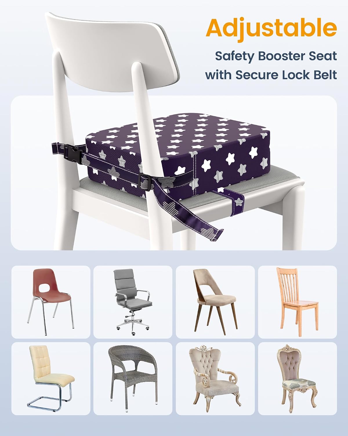 Toddler Booster Seat with Backrest, 3.6-Inch Cushion & Straps