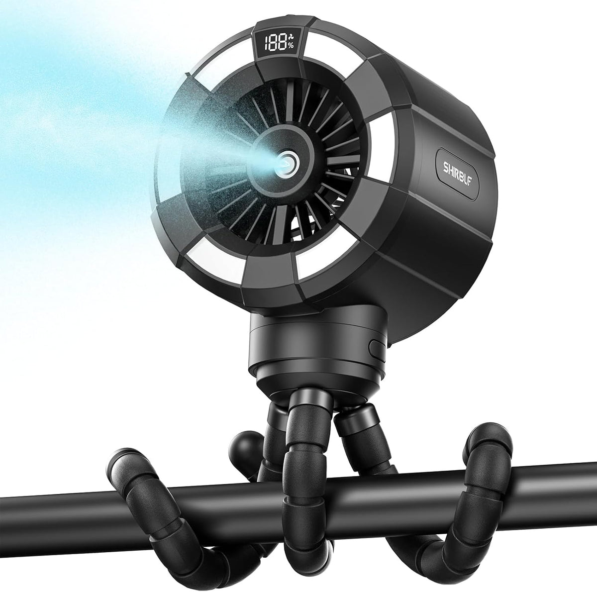 Shirble Baby Stroller Misting Fan, 6000mAh Rechargeable Clip-On Fan, 3 Speeds & 2 Spray Modes, 14H Cooling, Leak-Proof 100ML Tank, Night Light & Timer, BPA-Free for Strollers, Cribs & Travel （Black）