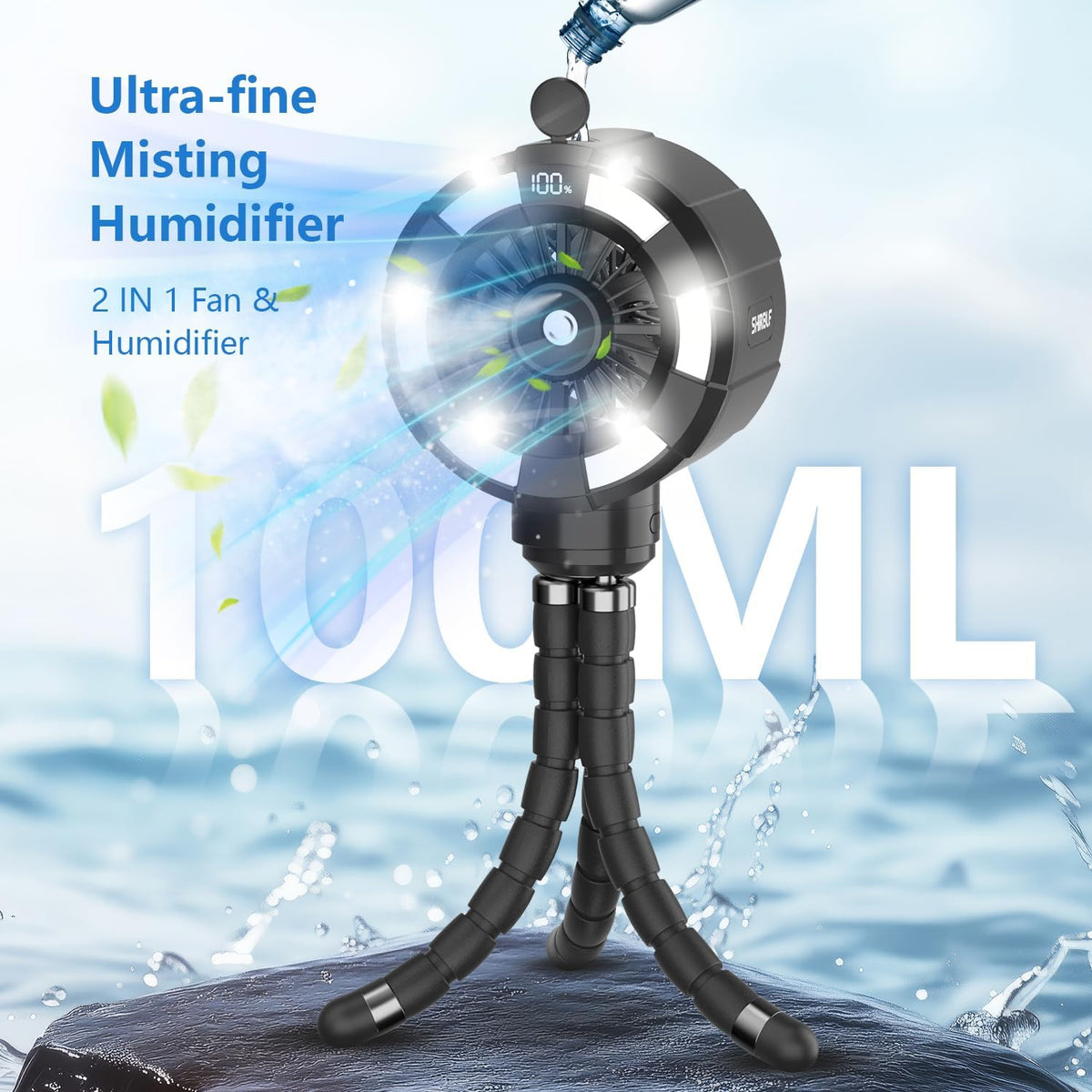 Shirble Baby Stroller Misting Fan, 6000mAh Rechargeable Clip-On Fan, 3 Speeds & 2 Spray Modes, 14H Cooling, Leak-Proof 100ML Tank, Night Light & Timer, BPA-Free for Strollers, Cribs & Travel （Black）