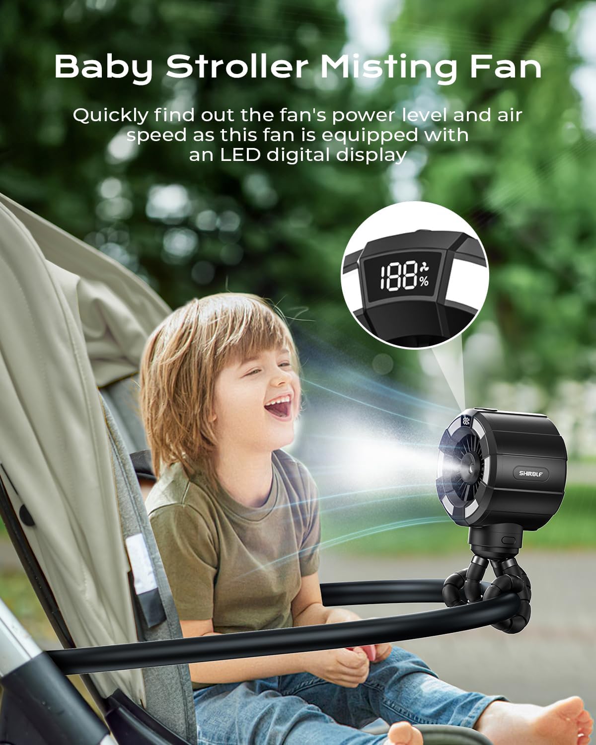 Shirble Baby Stroller Misting Fan, 6000mAh Rechargeable Clip-On Fan, 3 Speeds & 2 Spray Modes, 14H Cooling, Leak-Proof 100ML Tank, Night Light & Timer, BPA-Free for Strollers, Cribs & Travel （Black）