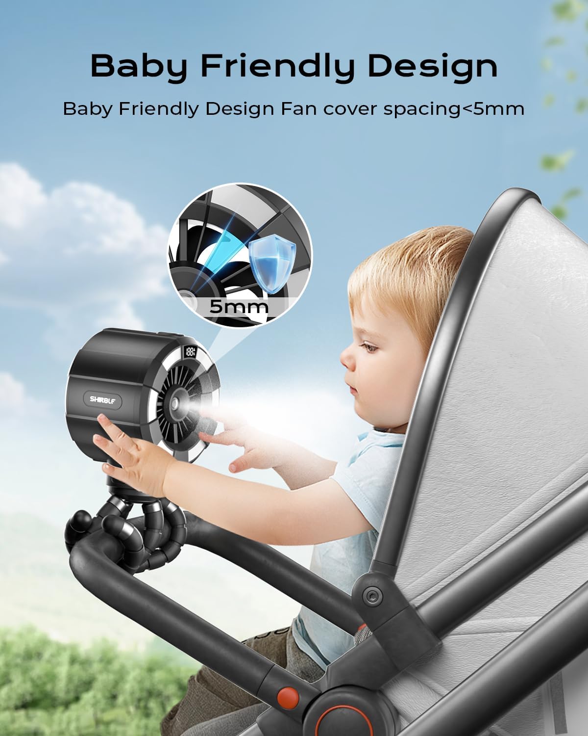 Shirble Baby Stroller Misting Fan, 6000mAh Rechargeable Clip-On Fan, 3 Speeds & 2 Spray Modes, 14H Cooling, Leak-Proof 100ML Tank, Night Light & Timer, BPA-Free for Strollers, Cribs & Travel （Black）