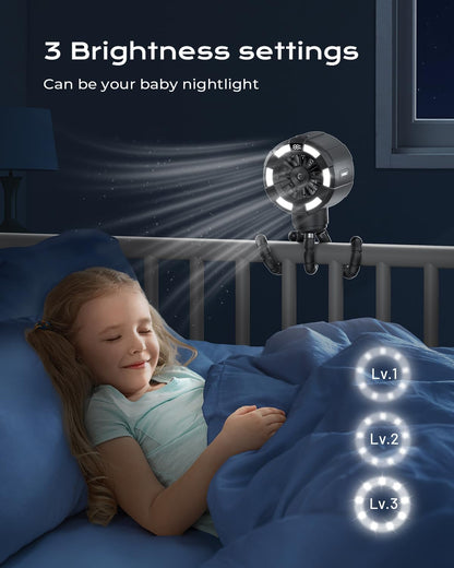 Shirble Baby Stroller Misting Fan, 6000mAh Rechargeable Clip-On Fan, 3 Speeds & 2 Spray Modes, 14H Cooling, Leak-Proof 100ML Tank, Night Light & Timer, BPA-Free for Strollers, Cribs & Travel （Black）