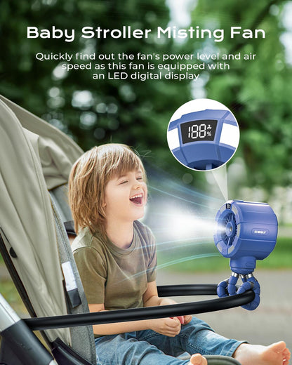 Shirble Baby Stroller Misting Fan, 6000mAh Rechargeable Clip-On Fan, 3 Speeds & 2 Spray Modes, 14H Cooling, Leak-Proof 100ML Tank, Night Light & Timer, BPA-Free for Strollers, Cribs & Travel （Black）