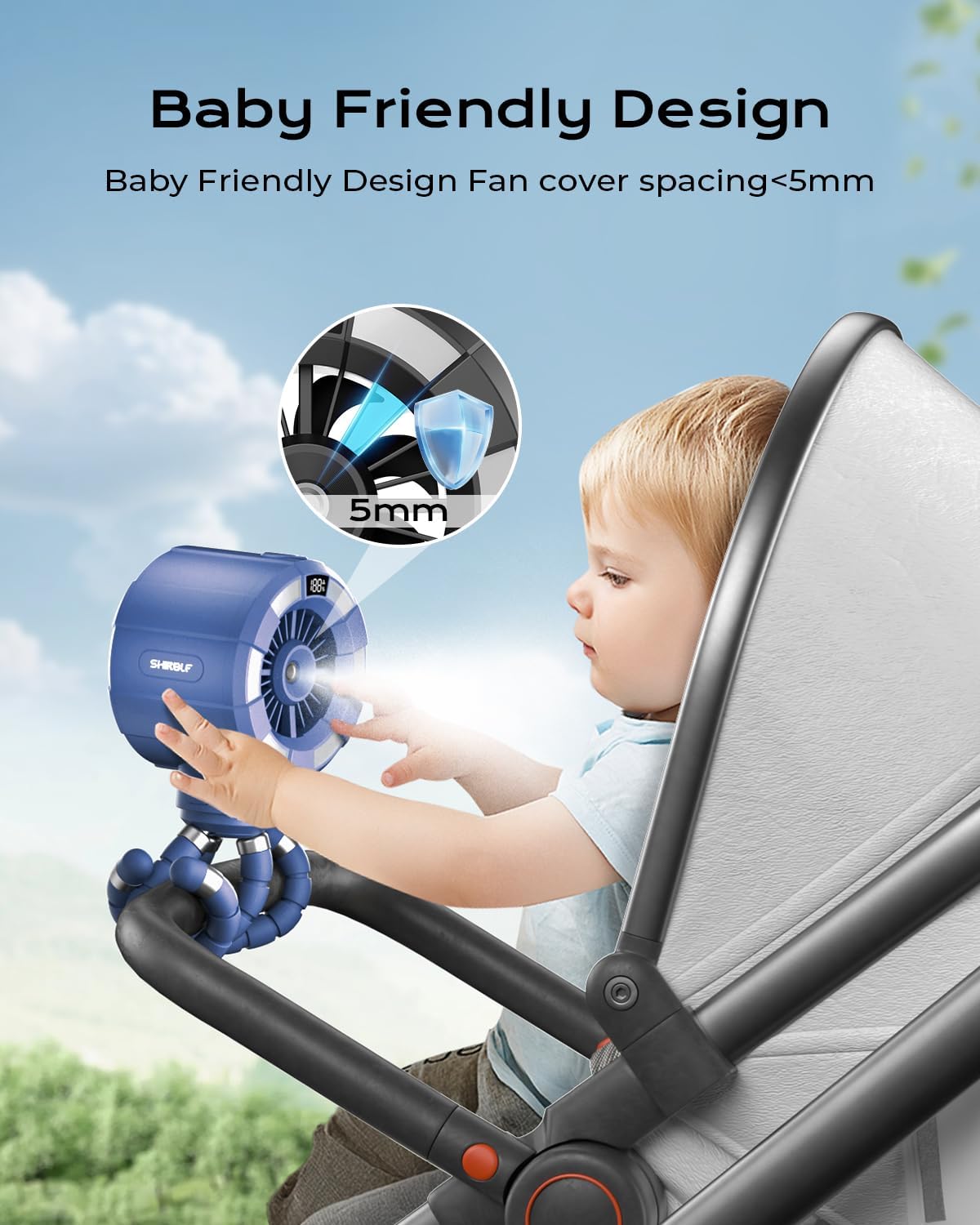 Shirble Baby Stroller Misting Fan, 6000mAh Rechargeable Clip-On Fan, 3 Speeds & 2 Spray Modes, 14H Cooling, Leak-Proof 100ML Tank, Night Light & Timer, BPA-Free for Strollers, Cribs & Travel （Black）