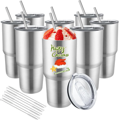 8 Pack Stainless Steel Insulated Tumbler with Lids and Straws Bulk Double Wall Vacuum Insulated Coffee Travel Tumbler for DIY Gift (Silver, 30oz)