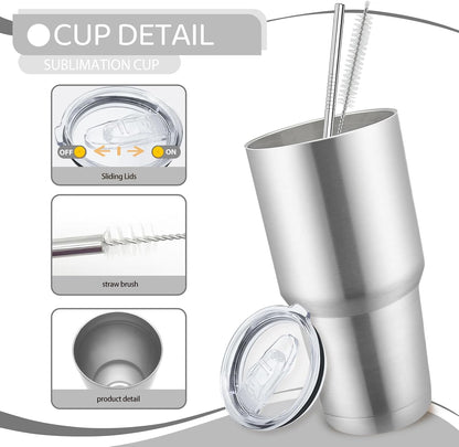 8 Pack Stainless Steel Insulated Tumbler with Lids and Straws Bulk Double Wall Vacuum Insulated Coffee Travel Tumbler for DIY Gift (Silver, 30oz)
