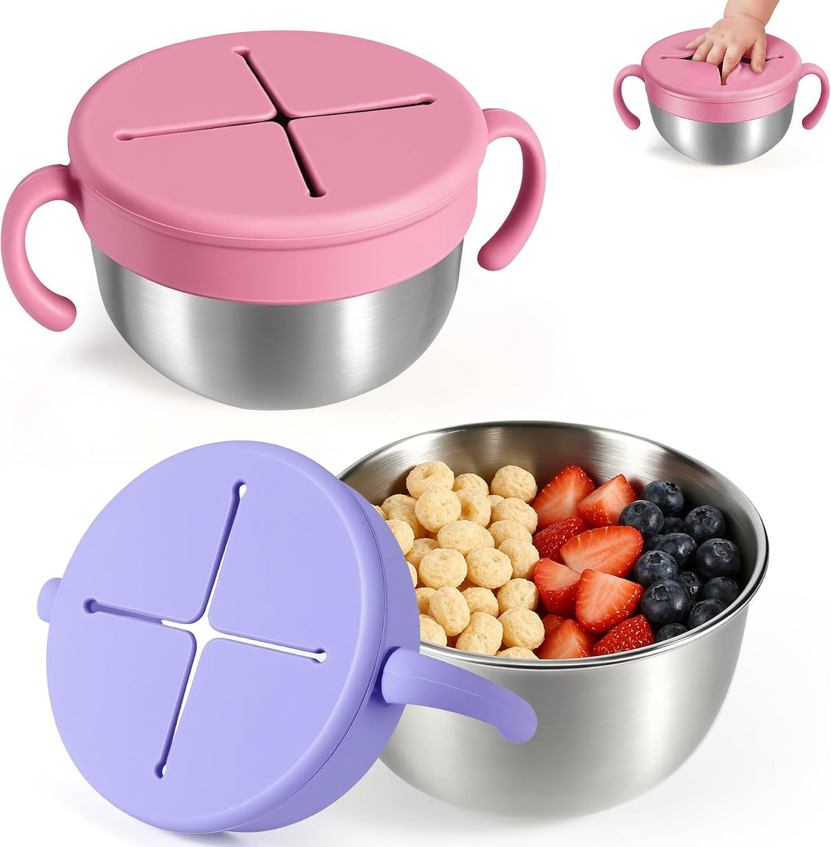 Snack Cups, 2 Pack Stainless Steel Toddler Snack Containers, Spill-Proof