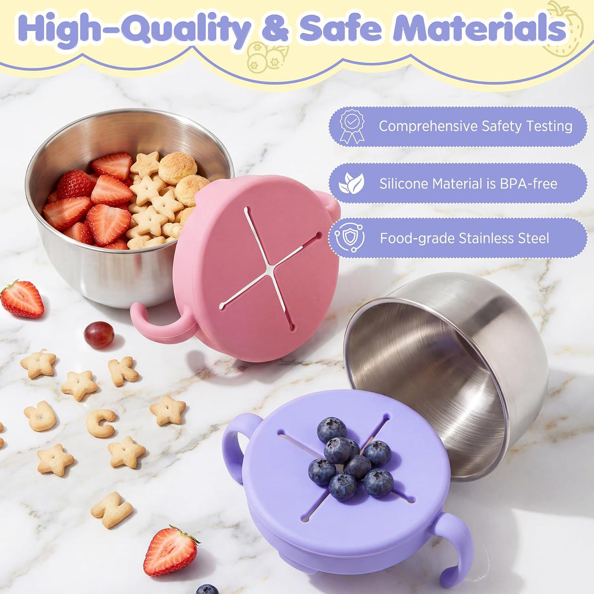 Snack Cups, 2 Pack Stainless Steel Toddler Snack Containers, Spill-Proof