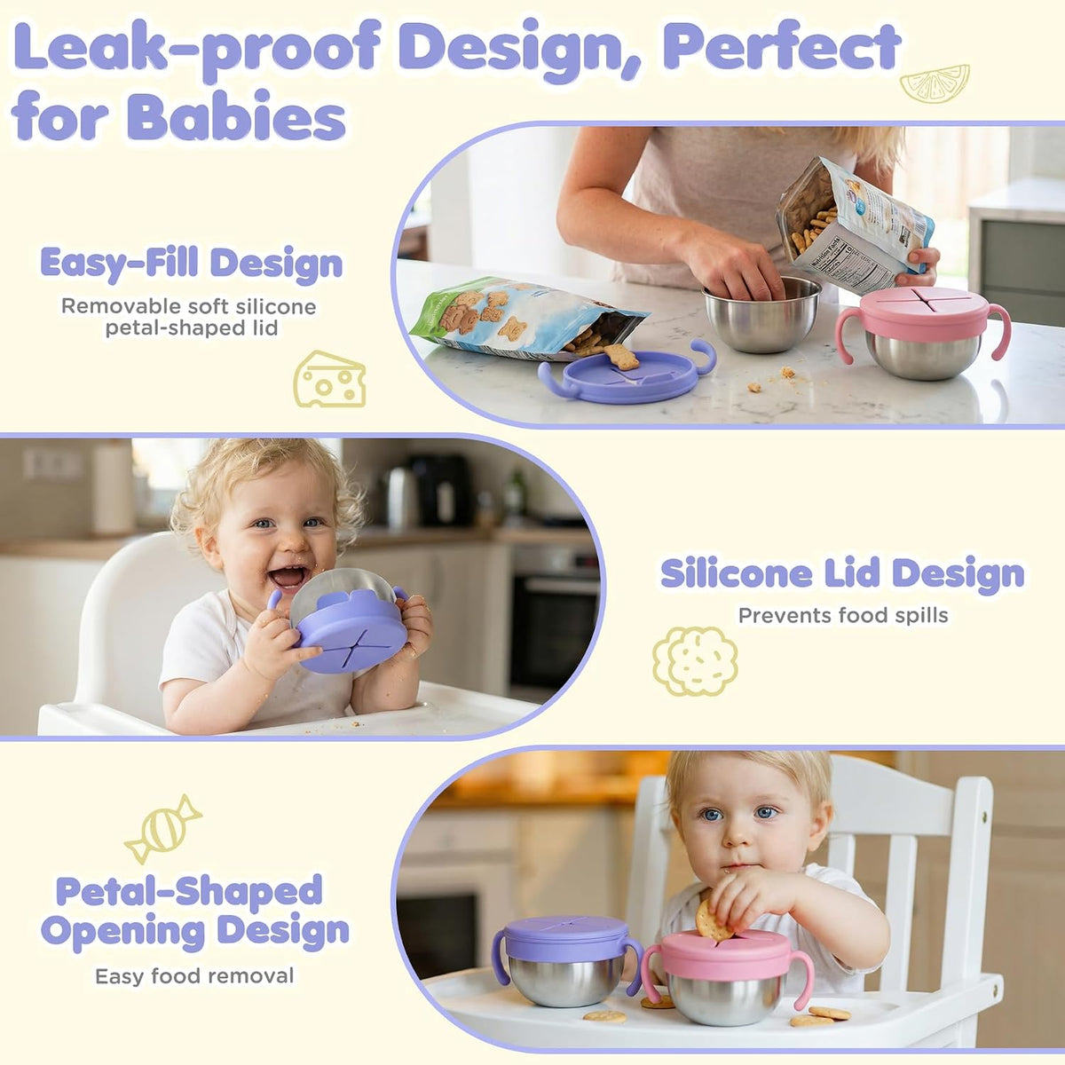 Snack Cups, 2 Pack Stainless Steel Toddler Snack Containers, Spill-Proof
