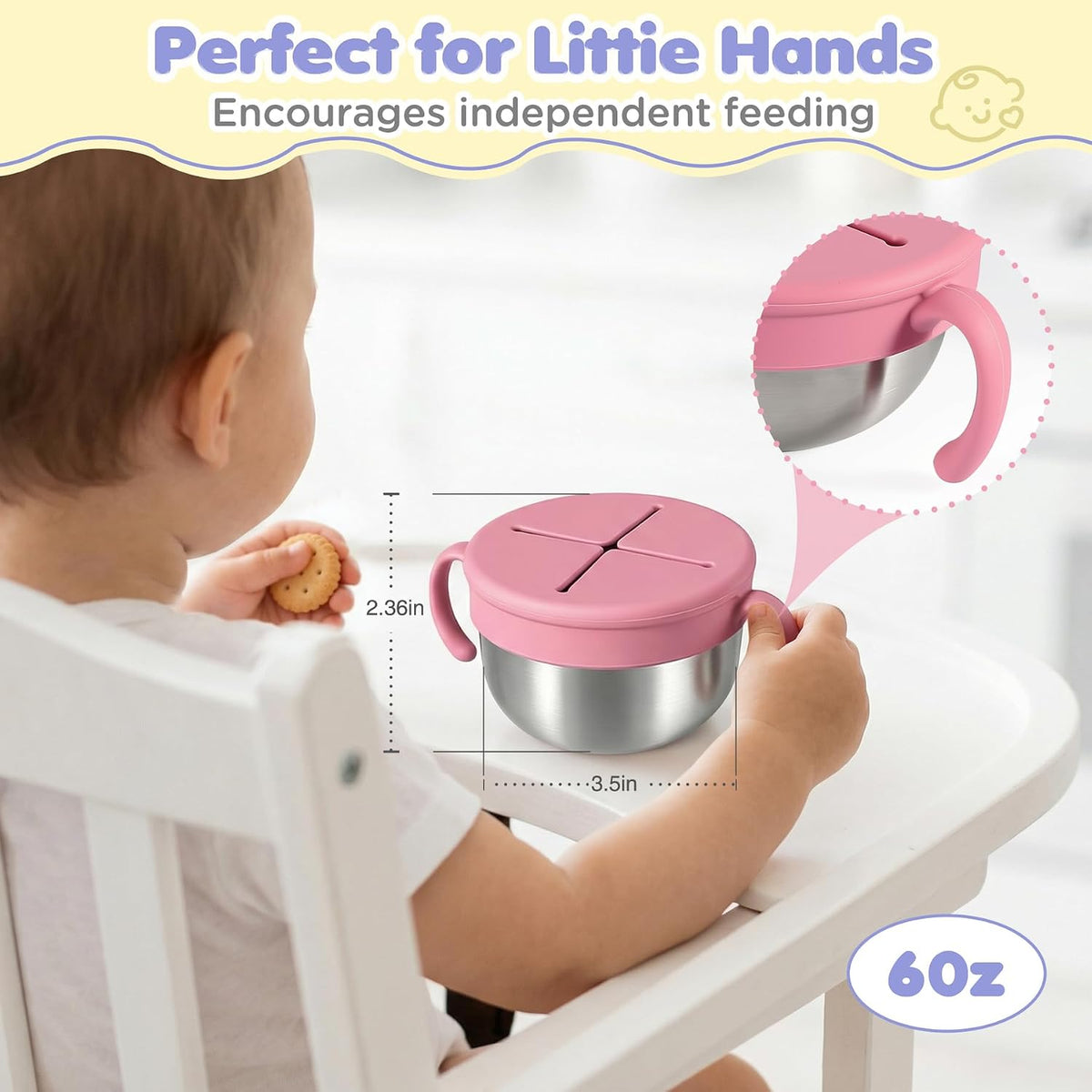 Snack Cups, 2 Pack Stainless Steel Toddler Snack Containers, Spill-Proof