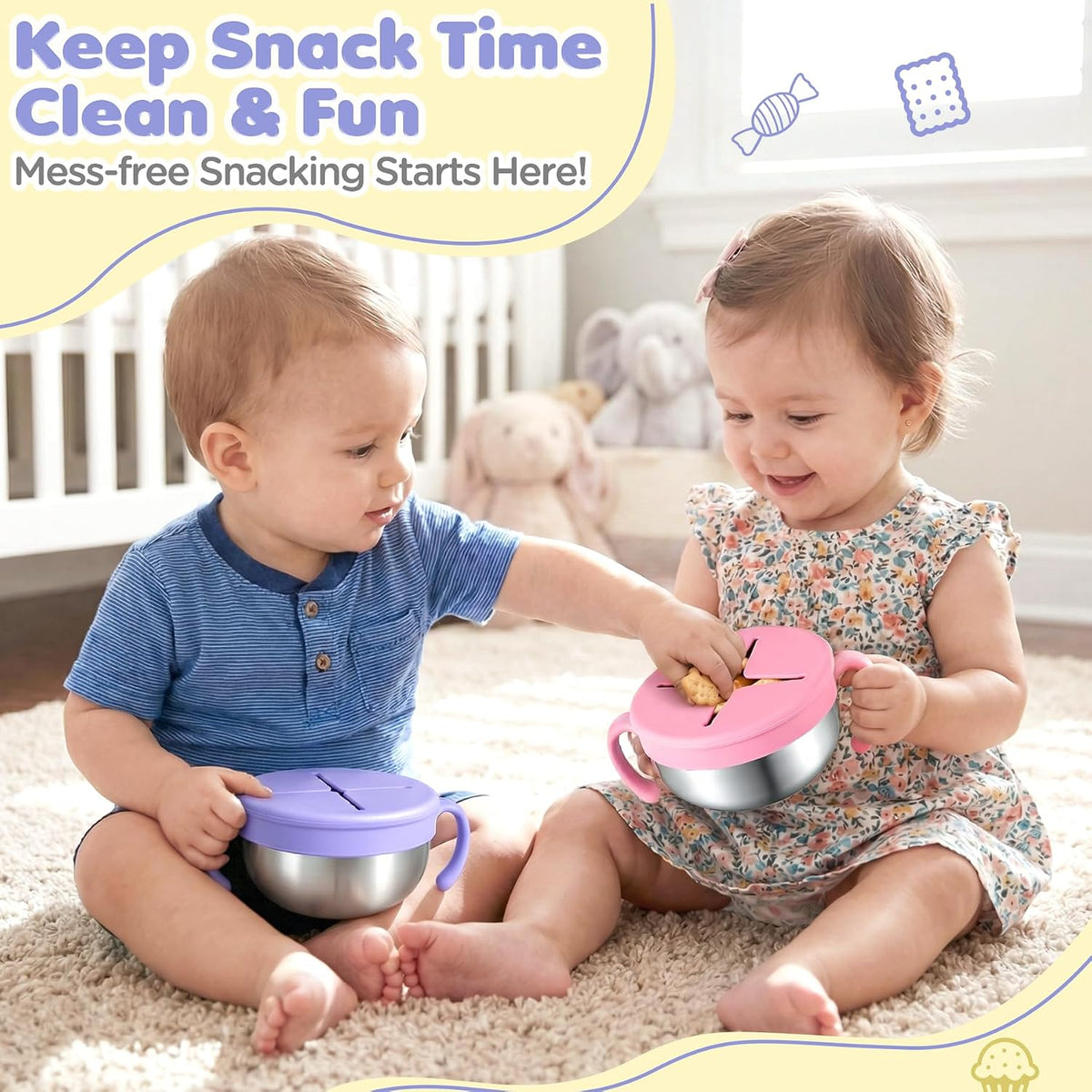 Snack Cups, 2 Pack Stainless Steel Toddler Snack Containers, Spill-Proof