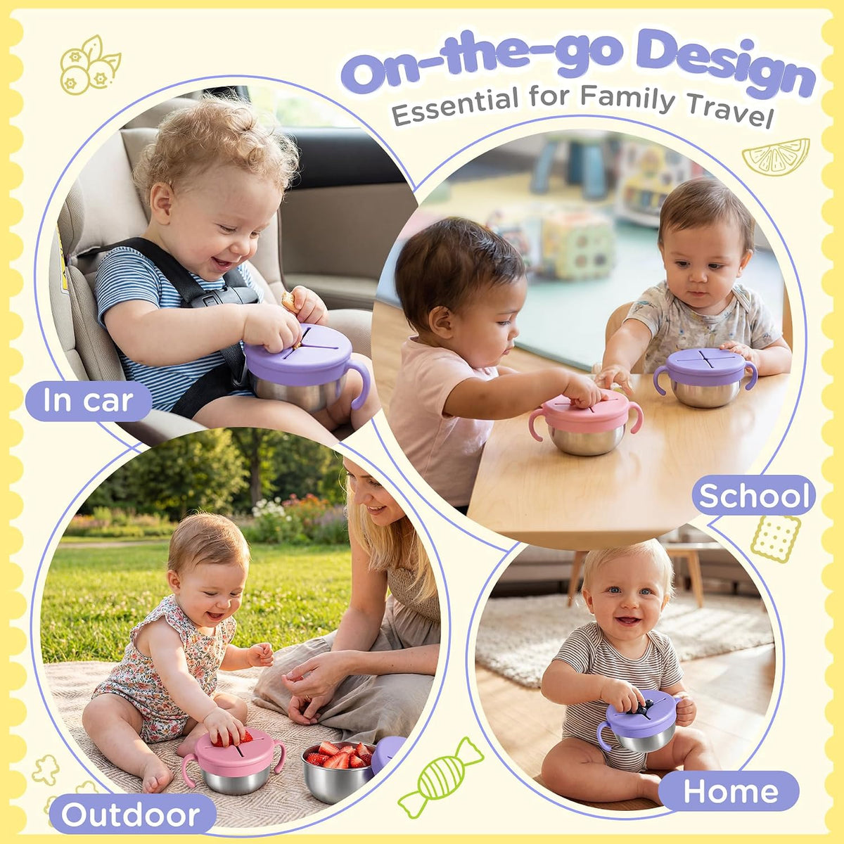 Snack Cups, 2 Pack Stainless Steel Toddler Snack Containers, Spill-Proof