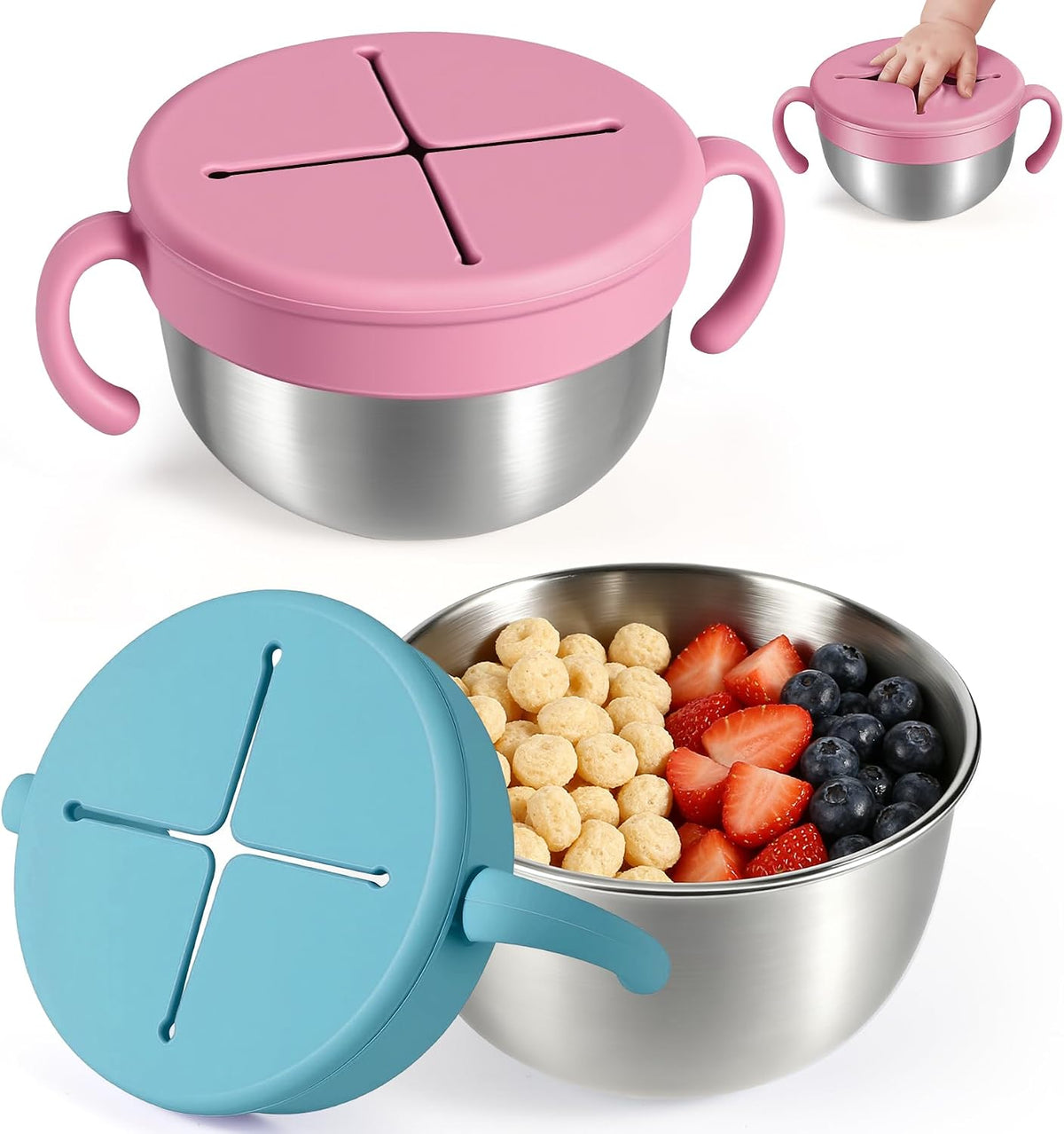 Snack Cups, 2 Pack Stainless Steel Toddler Snack Containers, Spill-Proof