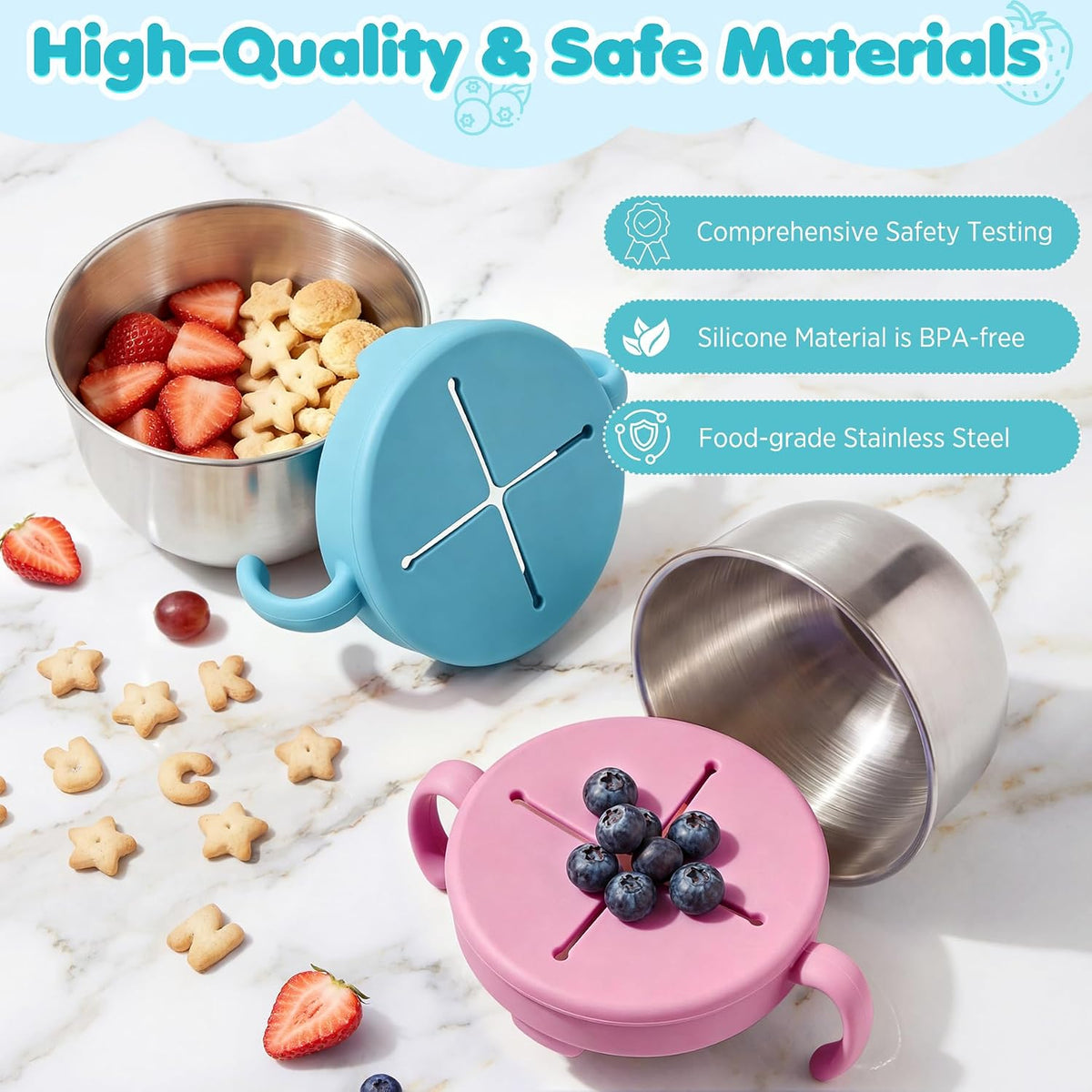 Snack Cups, 2 Pack Stainless Steel Toddler Snack Containers, Spill-Proof