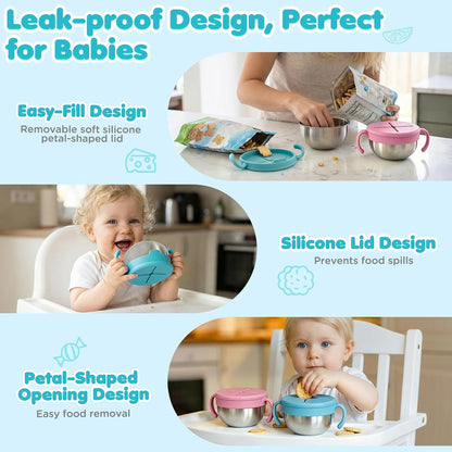 Snack Cups, 2 Pack Stainless Steel Toddler Snack Containers, Spill-Proof