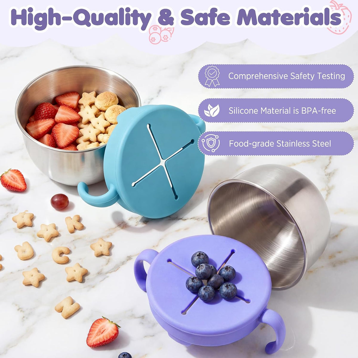 Snack Cups, 2 Pack Stainless Steel Toddler Snack Containers, Spill-Proof