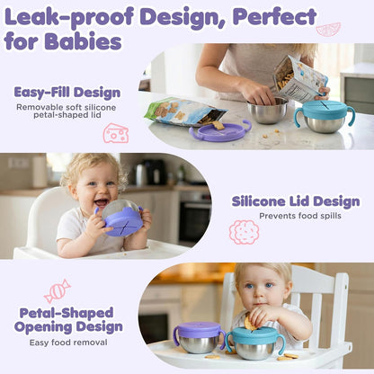 Snack Cups, 2 Pack Stainless Steel Toddler Snack Containers, Spill-Proof