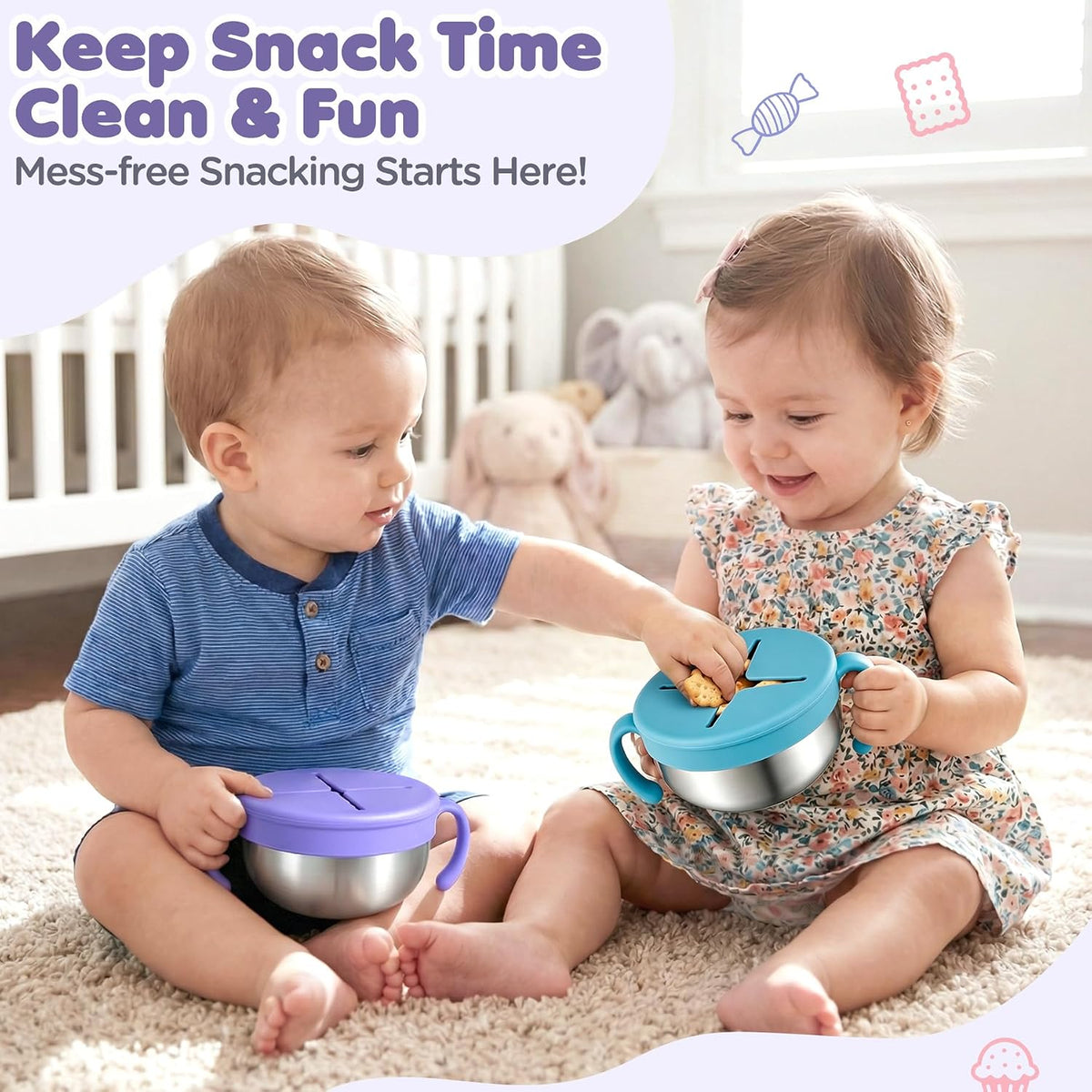 Snack Cups, 2 Pack Stainless Steel Toddler Snack Containers, Spill-Proof