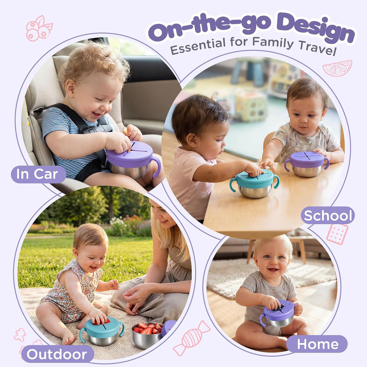 Snack Cups, 2 Pack Stainless Steel Toddler Snack Containers, Spill-Proof