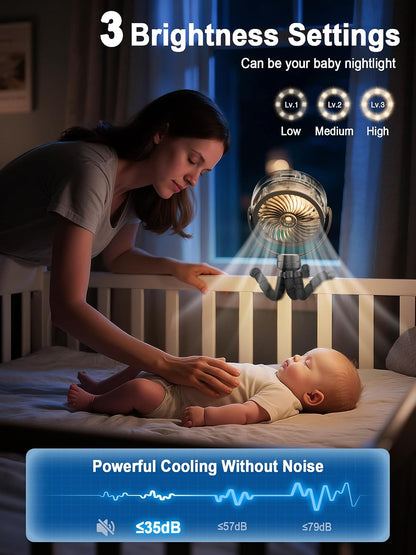 Misting Stroller Fan, 6000mAh Battery Operated Portable Fan with Light & 360° Pivoting, Personal Fans with Flexible Tripod for Baby, Office, Travel,Treadmill,Outdoors