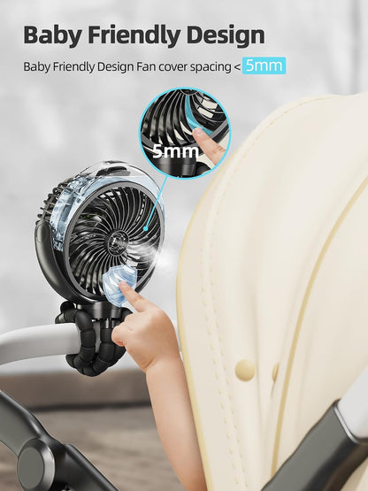 Misting Stroller Fan, 6000mAh Battery Operated Portable Fan with Light & 360° Pivoting, Personal Fans with Flexible Tripod for Baby, Office, Travel,Treadmill,Outdoors
