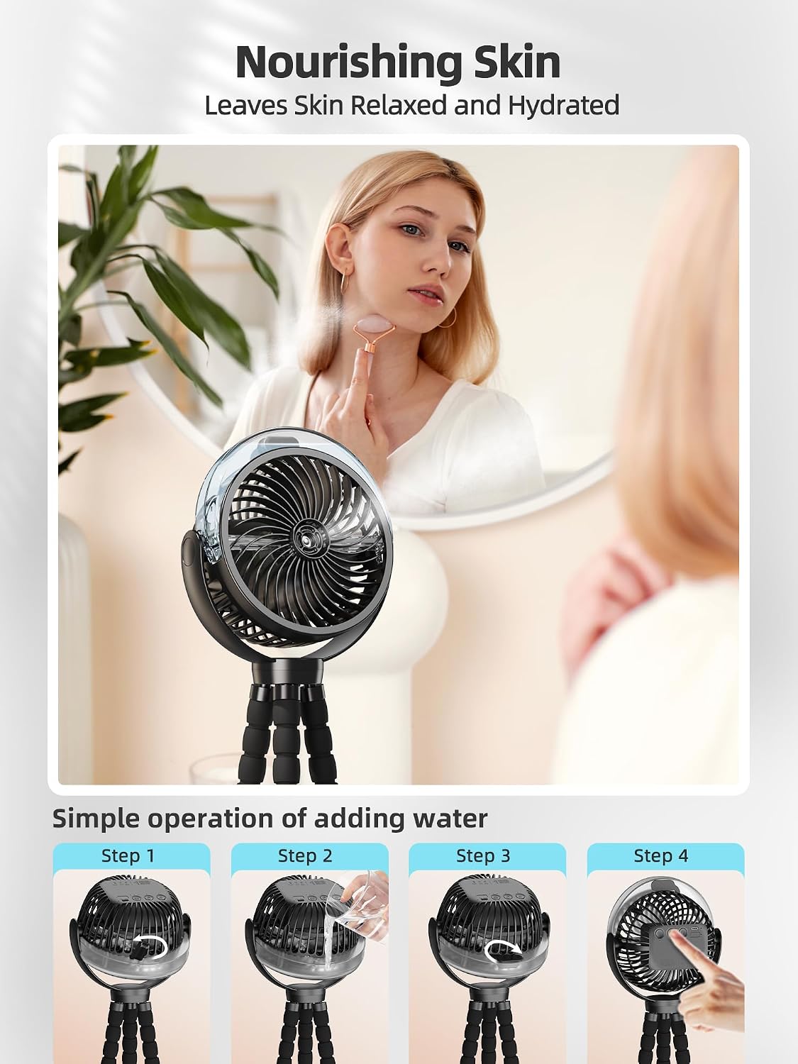 Misting Stroller Fan, 6000mAh Battery Operated Portable Fan with Light & 360° Pivoting, Personal Fans with Flexible Tripod for Baby, Office, Travel,Treadmill,Outdoors