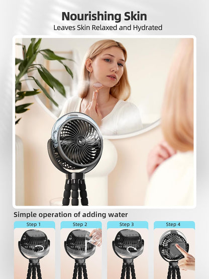 Misting Stroller Fan, 6000mAh Battery Operated Portable Fan with Light & 360° Pivoting, Personal Fans with Flexible Tripod for Baby, Office, Travel,Treadmill,Outdoors