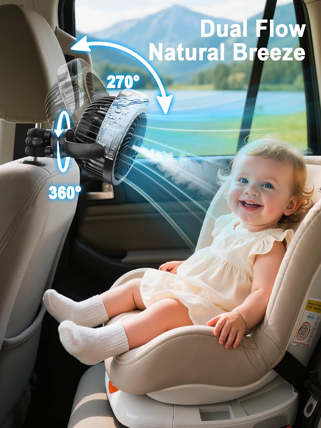 Misting Stroller Fan, 6000mAh Battery Operated Portable Fan with Light & 360° Pivoting, Personal Fans with Flexible Tripod for Baby, Office, Travel,Treadmill,Outdoors