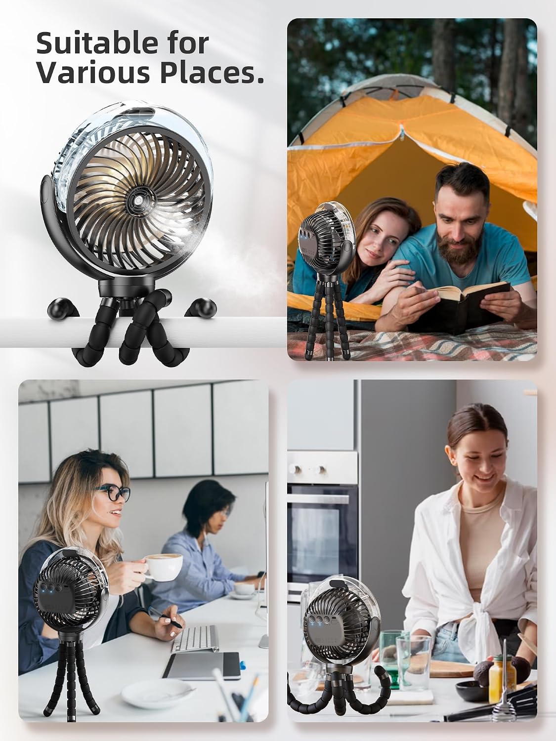 Misting Stroller Fan, 6000mAh Battery Operated Portable Fan with Light & 360° Pivoting, Personal Fans with Flexible Tripod for Baby, Office, Travel,Treadmill,Outdoors