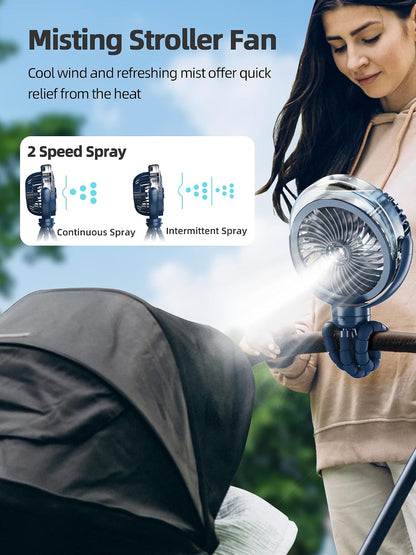 Misting Stroller Fan, 6000mAh Battery Operated Portable Fan with Light & 360° Pivoting, Personal Fans with Flexible Tripod for Baby, Office, Travel,Treadmill,Outdoors