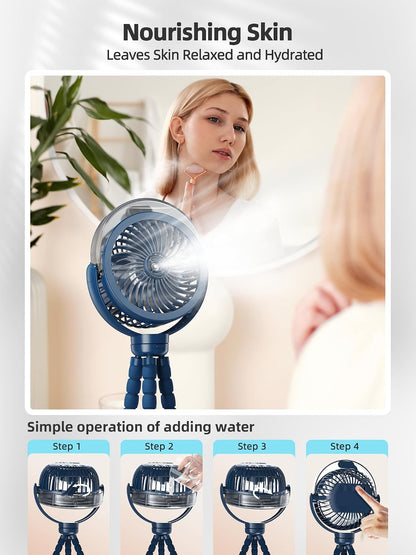 Misting Stroller Fan, 6000mAh Battery Operated Portable Fan with Light & 360° Pivoting, Personal Fans with Flexible Tripod for Baby, Office, Travel,Treadmill,Outdoors