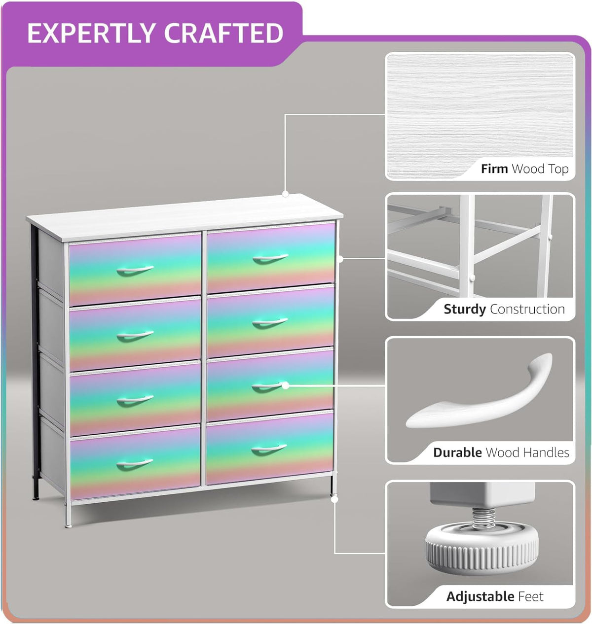 Dresser with Fabric Drawers & Wood Top (8 Drawer, Watercolor)